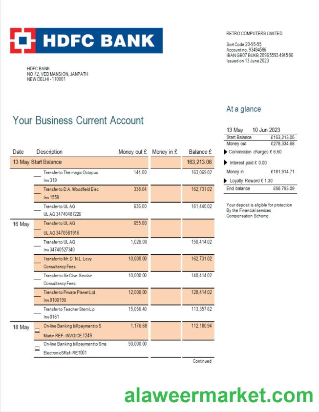 HDFC Bank firm account statement Word and PDF template